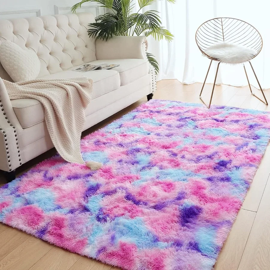 Soft Rainbow Area Rugs for Girls Room 5x8 Feet, Fluffy Girls Bedroom Rugs