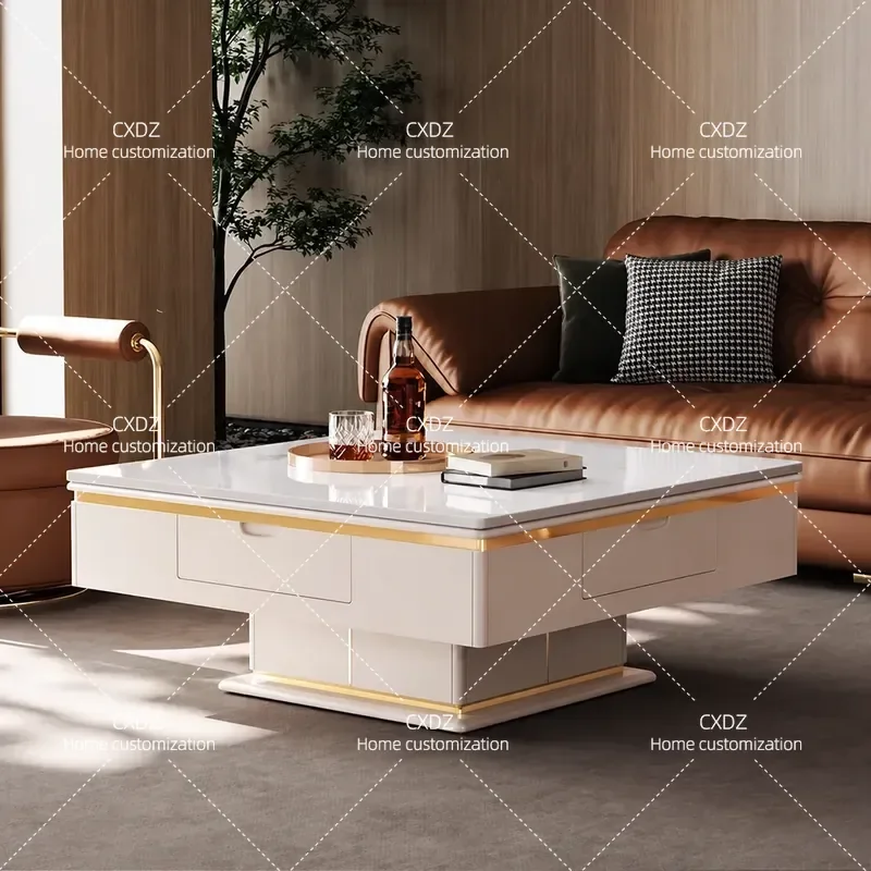Modern Square Rock Slab Mahjong Table Integrated Dining Coffee Table Light Luxury Multi Functional Lifting Dual Purpose