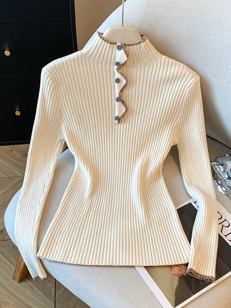 

Облегающий вязаный свитер женский с высоким воротником, зимняя модная базовая одежда, мягкий длинный топ с 3D цветочным узором