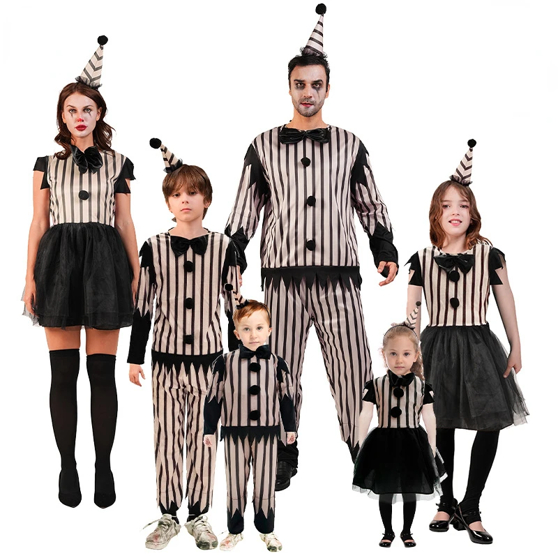 Costume de clown d'Halloween pour la famille, tenue de fête parent-enfant, jeu de plis, performance sur scène, tenue Kiev illage pour femmes, hommes, garçons, filles