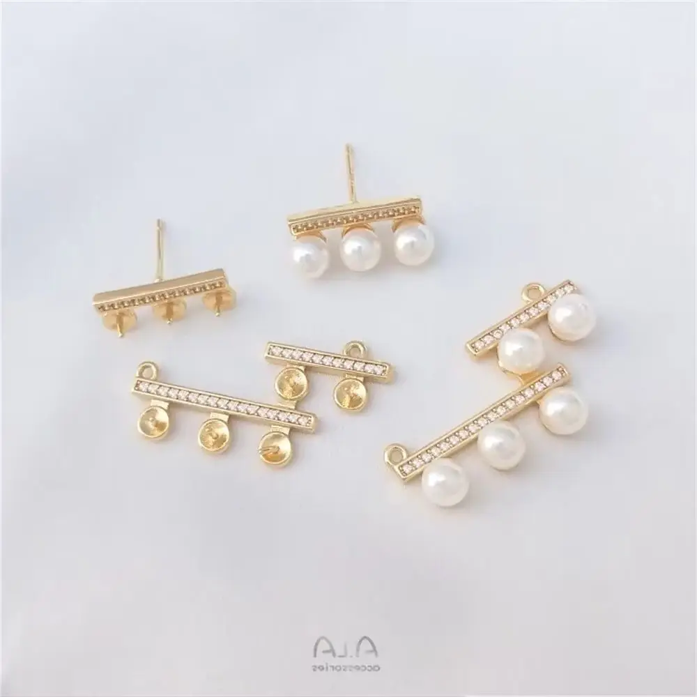 

Micro-set zirconia 14K gold covered flat horizontal wooden bead holder silver pin earrings empty holder necklace pendant diy set