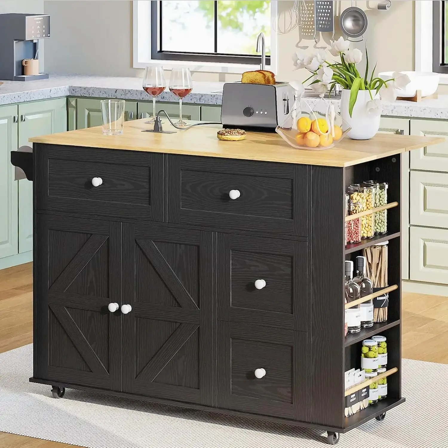 

47.7" Rolling Kitchen Island with Power Outlet, Drop Leaf, Storage Cabinet, 4 Drawers, 7 Racks - Black Mobile Farmhouse Cart