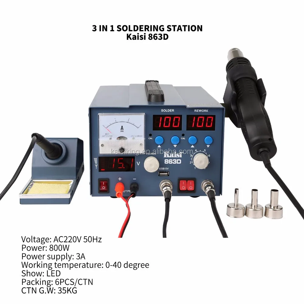 

Kaisi-Soldering Rework Station with Power Supply, Hot Air Gun, SMD, BGA, PCB, IC Repair, K-863D, 3 in 1