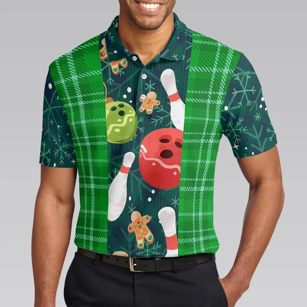 Christmas Bowling Polo Shirt, Green Plaid All-over Print, Gingerbread Man, Holiday Lane Tee, Ugly Sweater Style, Xmas Bowler