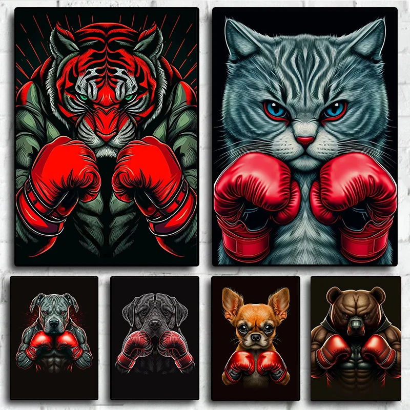 Abstract Chihuahua-Dog Tiger Cat in Boxing Gloves Portrait Poster Canvas Painting and Prints Wall Art HD Pictures Home Gym Decor