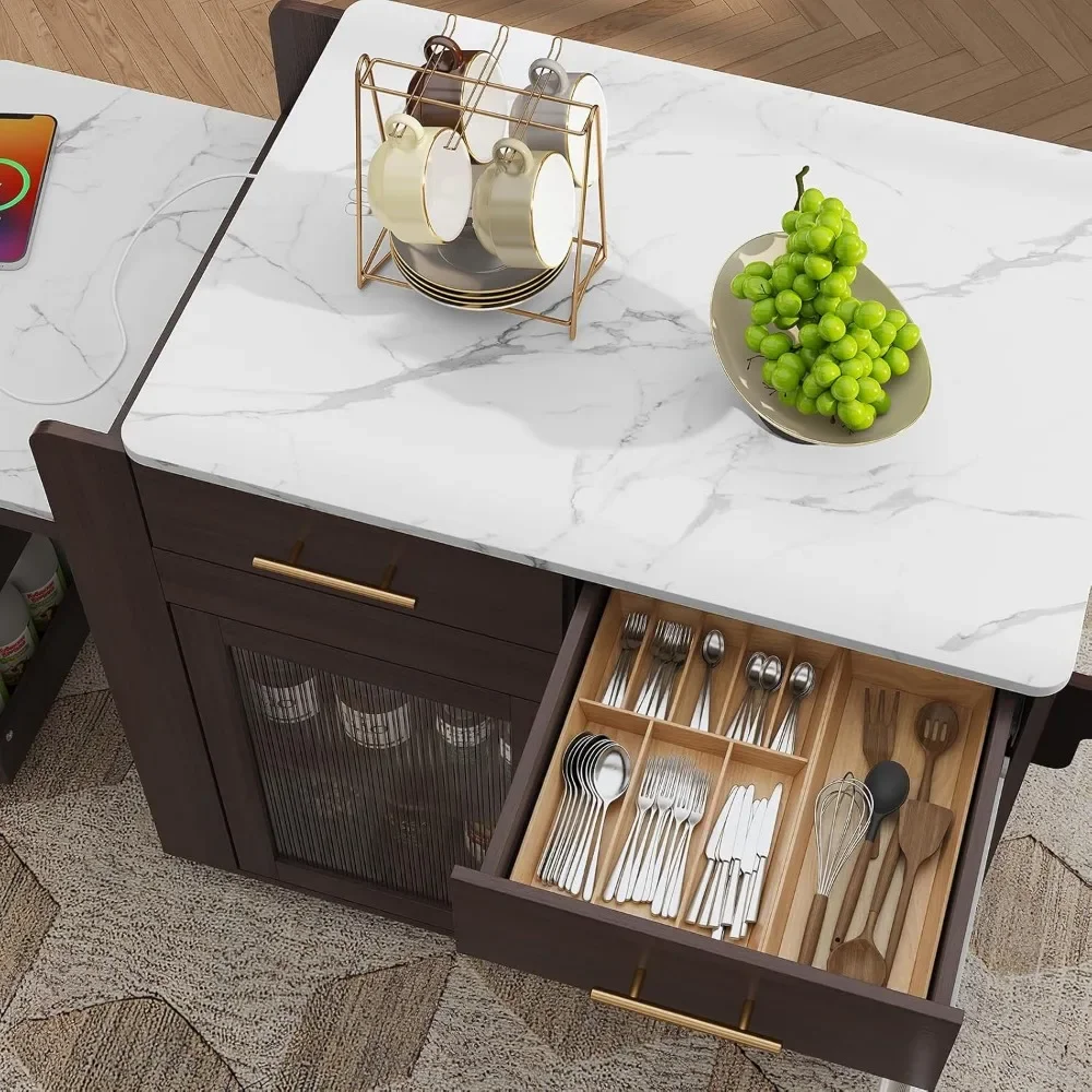 Kitchen Island with Extendable Dining Table, Marble Grain Countertop Island with Power Outlet, Rolling Storage Cart on Wheels w