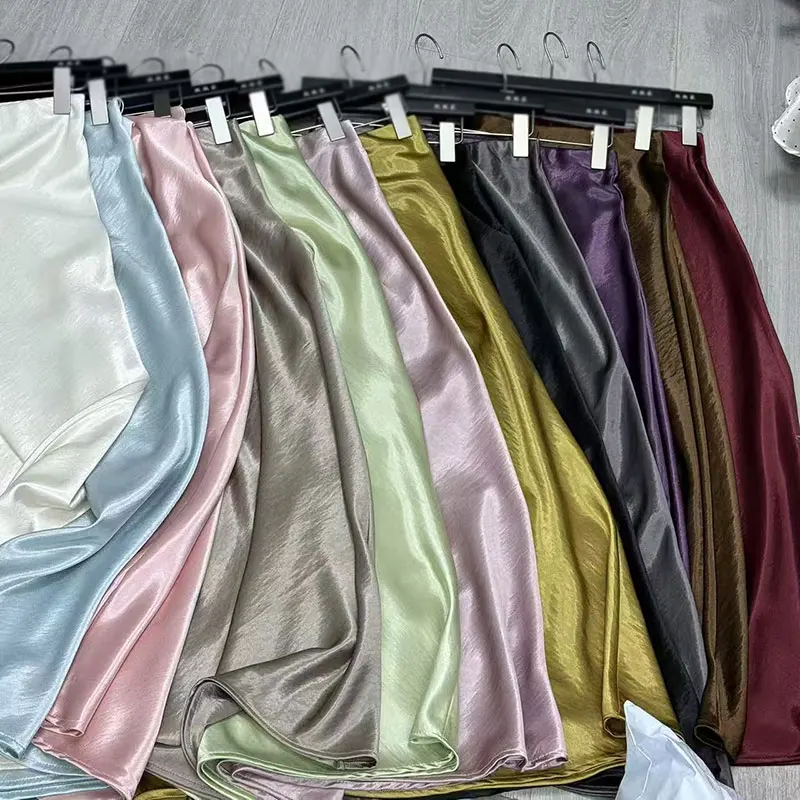 

Summer Elegant Long Skirts Women Satin Midi Skirts Office Lady Elastic High Waist Vintage High Street Female A-line Skirt Solid