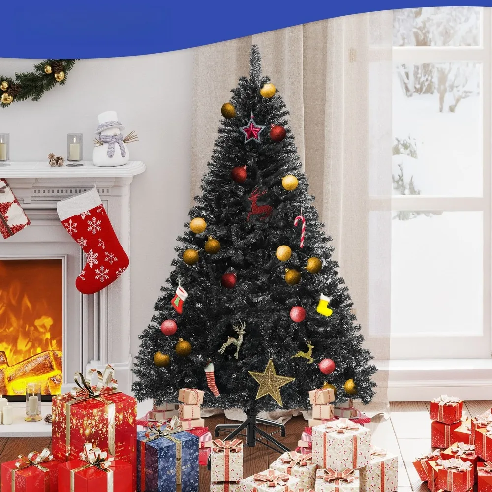 

7.5ft Black Artificial Christmas Tree 1258 Tips Hinged Branches Unlit with Stand