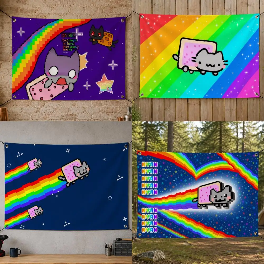 Meme-Rainbow Flying Pixel Space Kitty Cat Nyan Cat Flags Flag Banner for Bedroom Dorm Party Home Living Room Game Room Gift