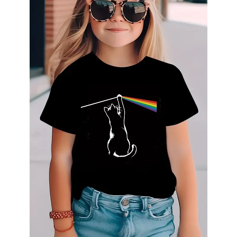 Rainbow Cat Pattern Pure Cotton Printed Children's T-shirt Personalized Round Neck T-shirt New Parent-child Fashion T-shirt