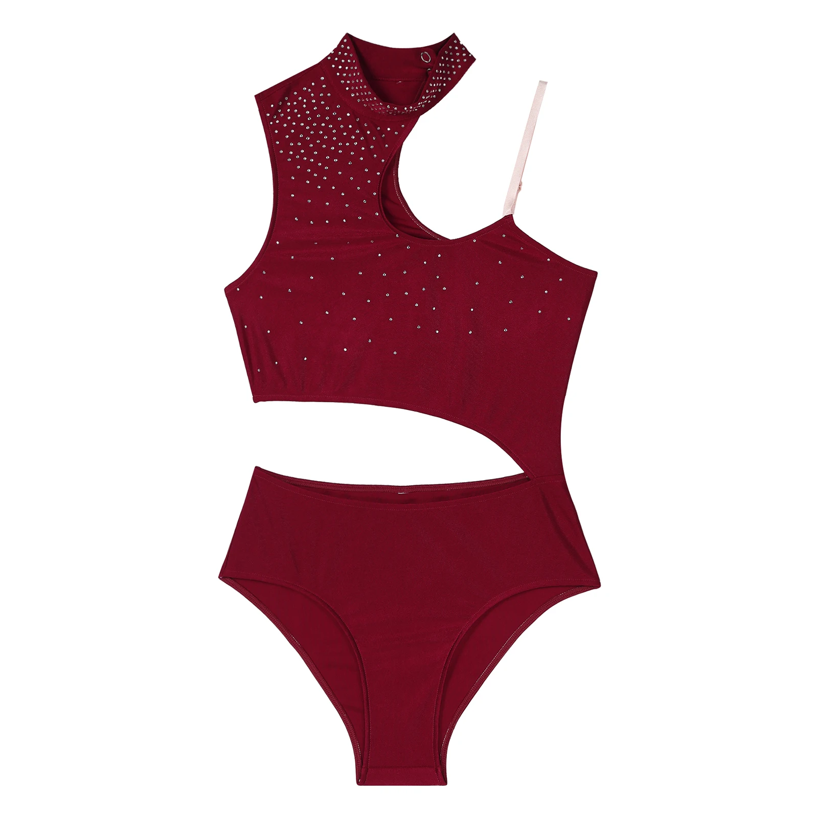 Vrouwen Strass Ballet Dans Turnpakje Asymmetrische Mouwloos Bodysuit Voor Sport Gymnastiek Acrobatiek Figuur Schaatsen Dancewear