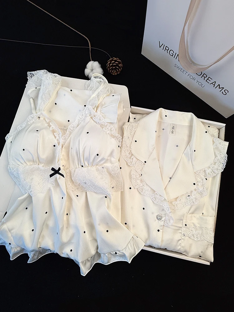 silk-ice-cream-white-women's-sleepwear-spring-summer-thin-high-end-polka-dot-home-clothes-set-four-piece-strap-design-long-sl