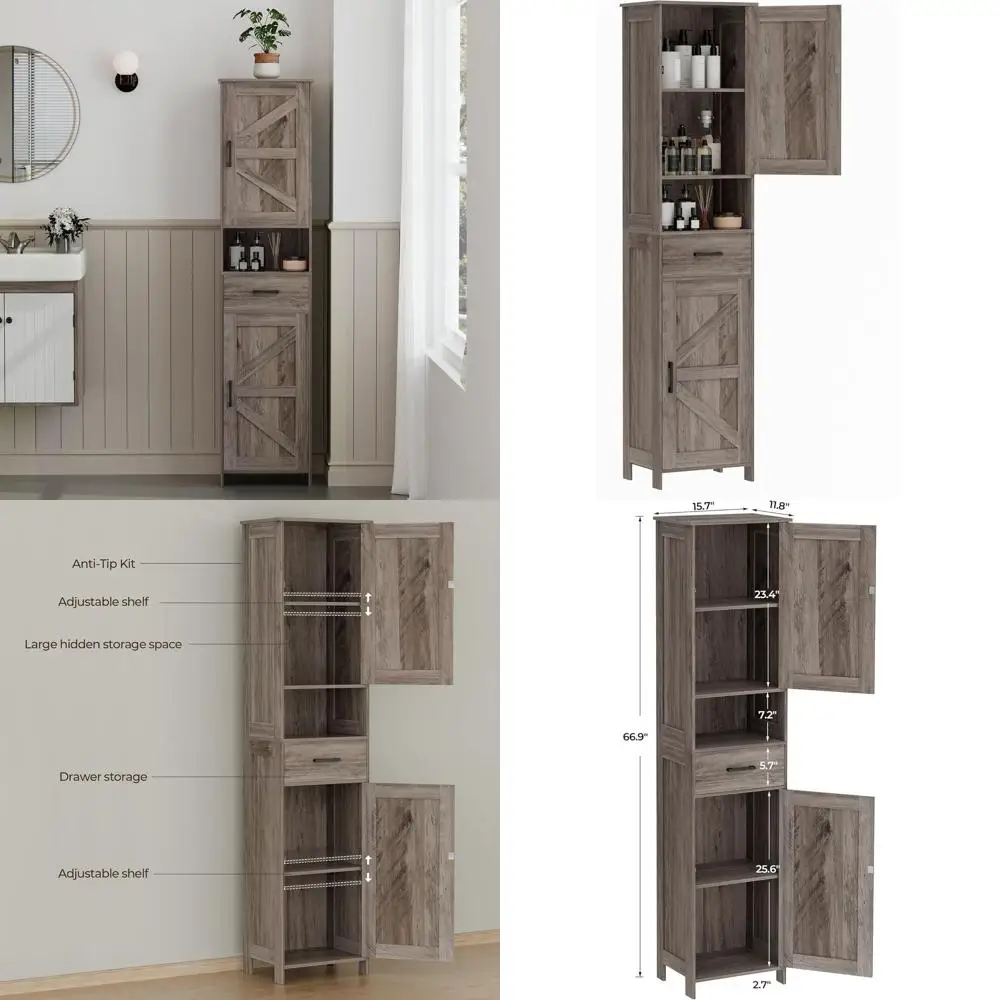 

67 Tall Greige Storage Cabinet with 2 Barn Doors, 1 Drawer, Adjustable Shelves for Bathroom, Living Room, Entryway, Kitchen (15.