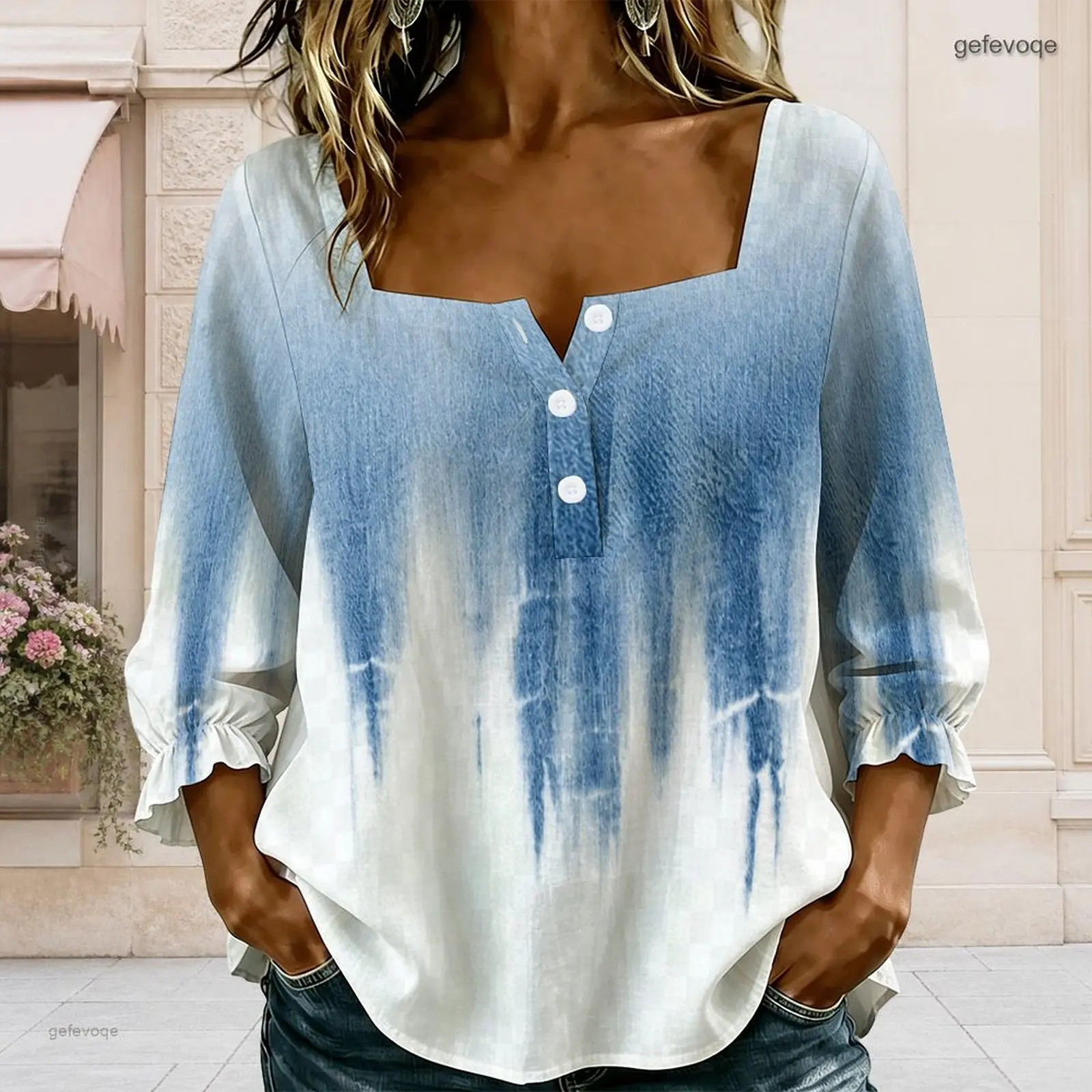 Women Square Neck Button Detail Long Sleeve Ruffle Cuffs Printed Blouse