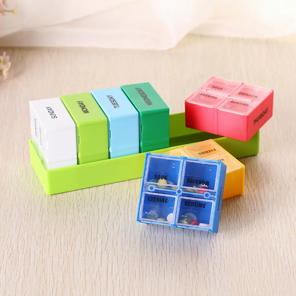 1Set 28-Compartment Weekly Pill Organizer Portable Medicine Case with 7 Days X 4 Slots Rainbow Color Compact Large Capacity