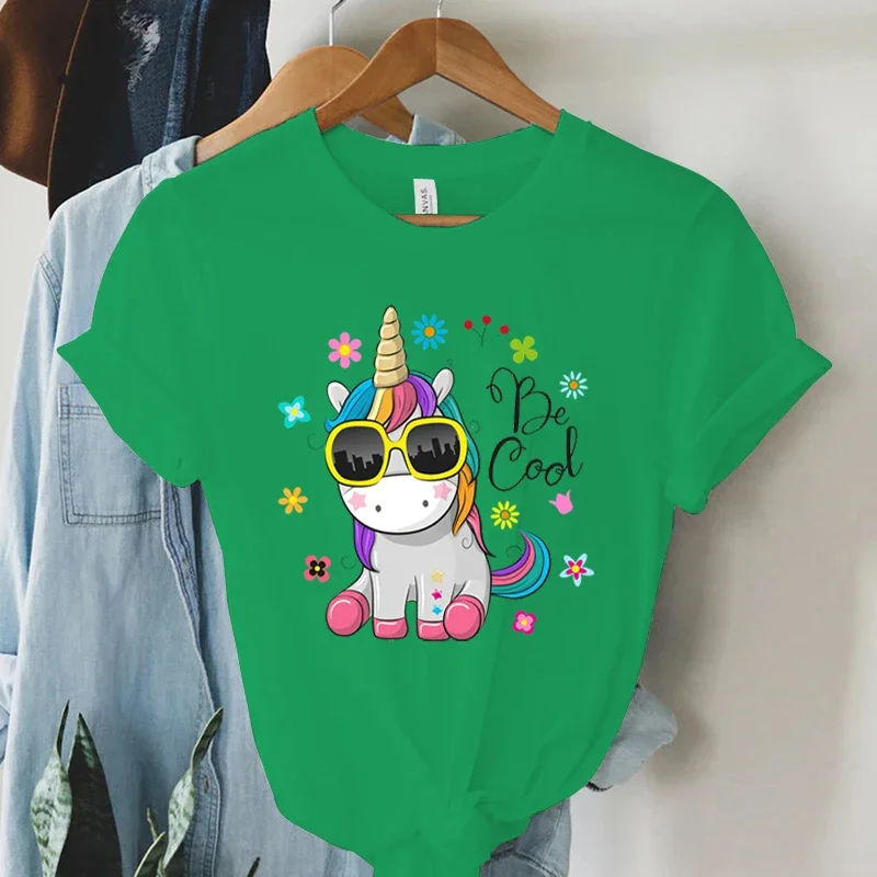 Short Sleeve T -Shirt Cool Unicorn Print Women Summer Casual Harajuku Shirt Woman Y2k Aesthetic Graphic Clothes Cartoon Tshirt