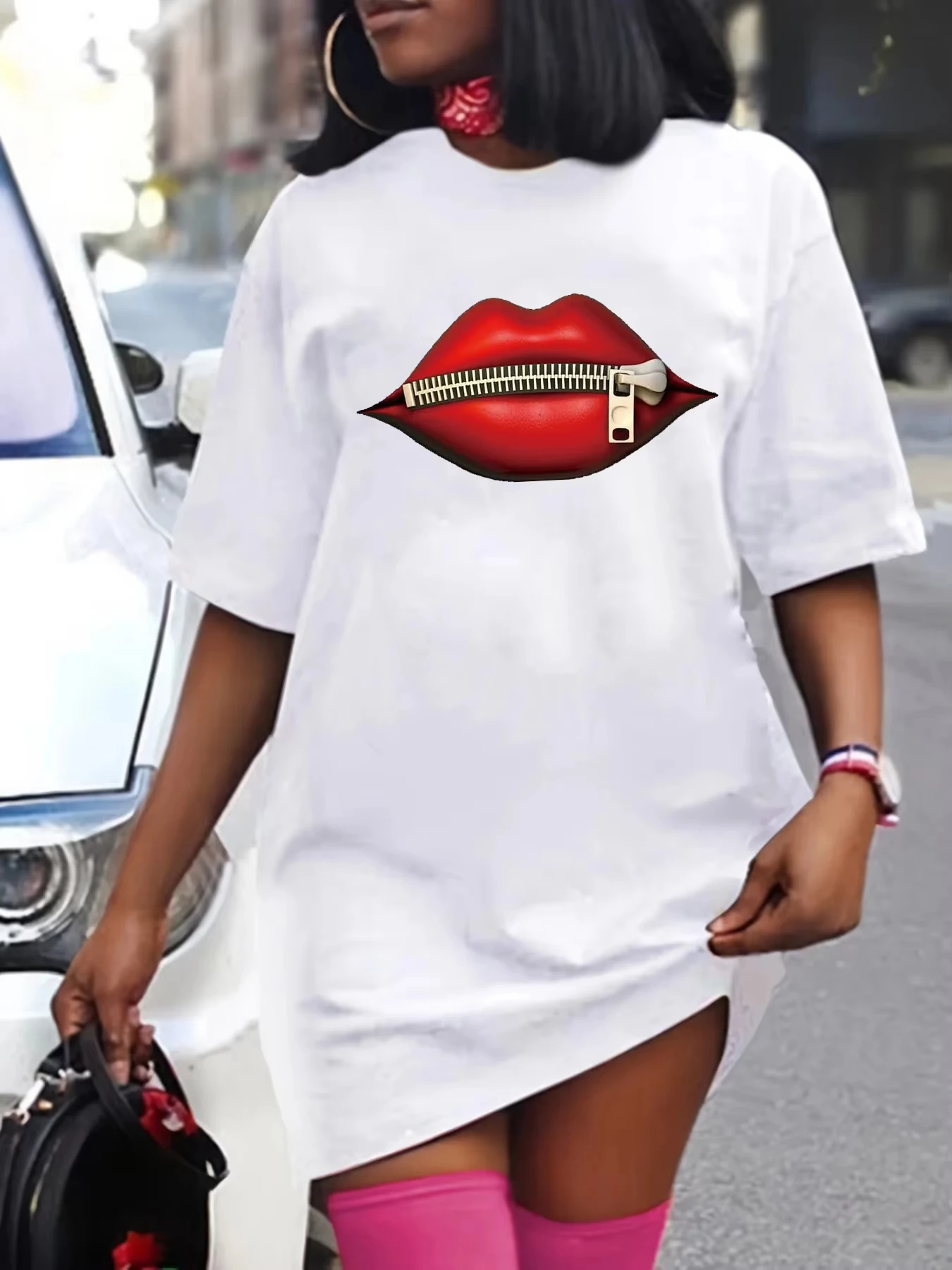 Summer Women's Casual Fashion Loose Plus Size Red Lip Print Pattern Print Short Sleeved Round Neck High Quality T-shirt dress