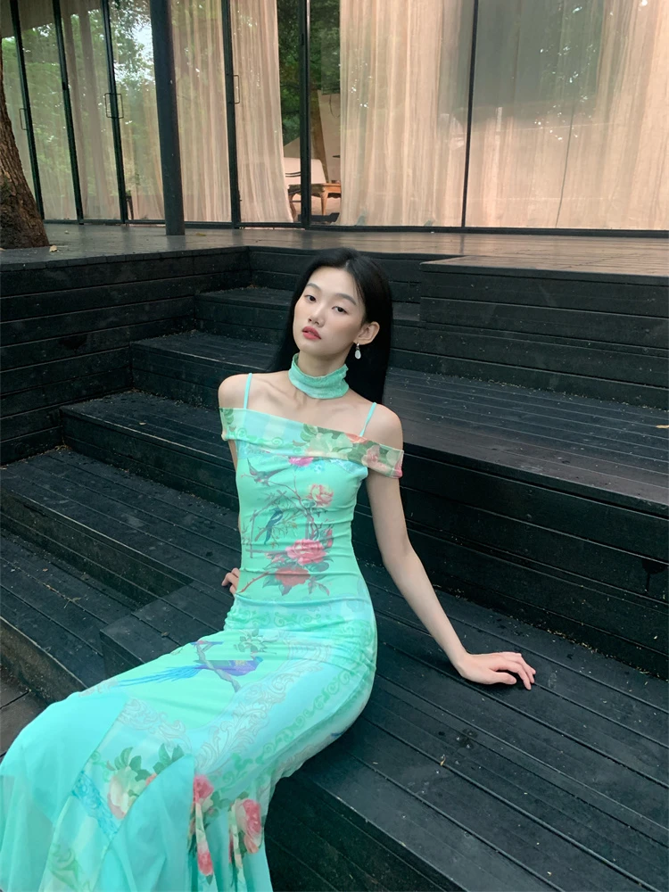 CHEERART Green Floral Bodycon Long Mermaid Dress For Women Elegant Party Summer Slash Tunics Mesh Midi Dress 2024 Clothes