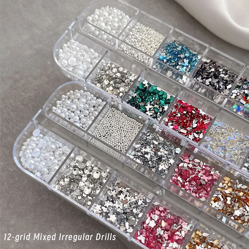12 rejillas 3D, estrella mixta, mariposa, piedras preciosas de cristal, dijes para uñas, bola de Caviar de perlas, Mini diamantes de imitación para uñas, decoraciones artísticas para uñas DIY