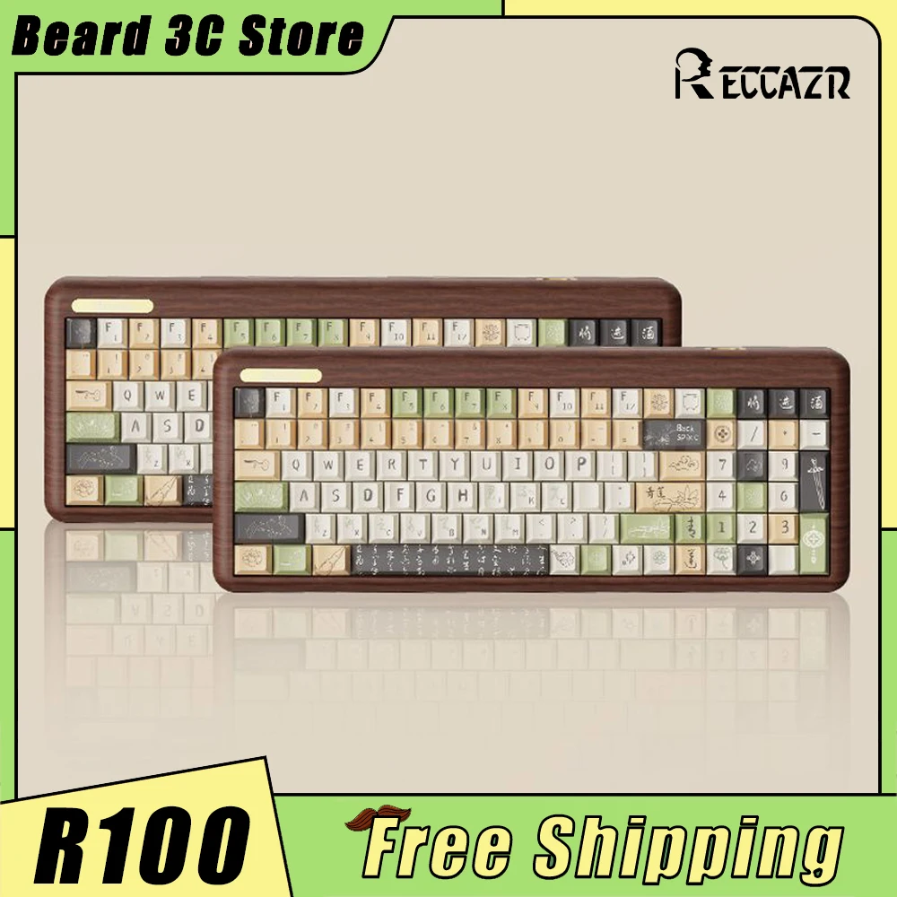 RECCAZR R100 Walnut Mechanical Keyboard Three Mode Hot Swap Bluetooth Wireless Keyboard Custom Office Pc Gamer Accessories Gift