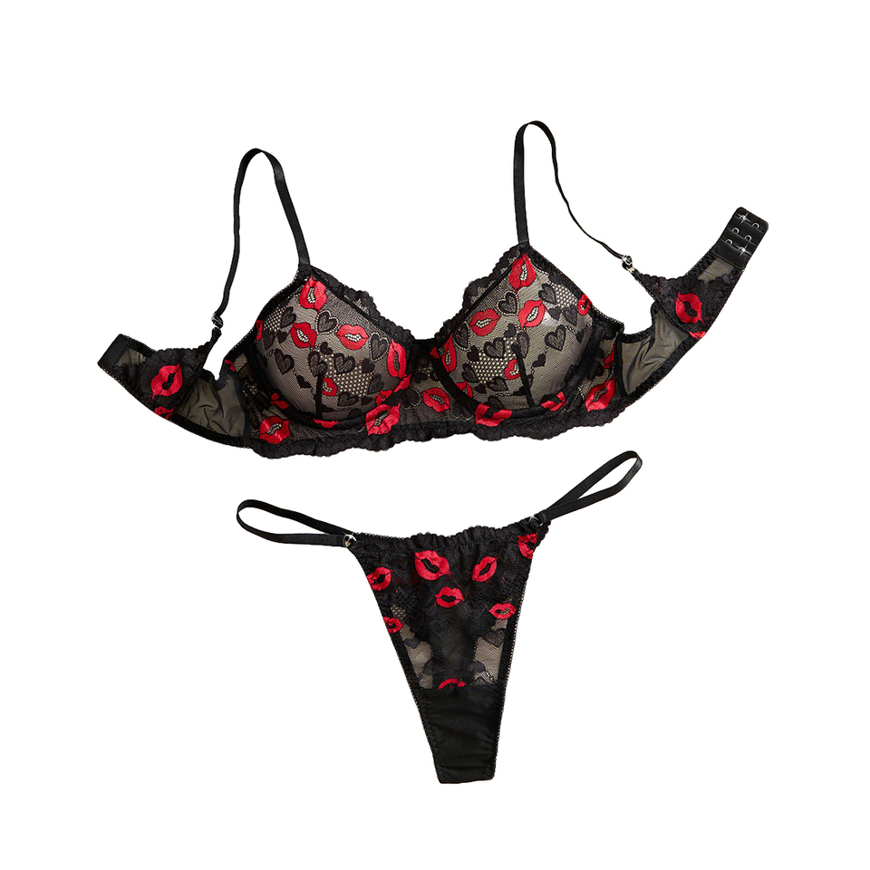  2-Piece Women Sexy Black Comfortable Lightweight Bow Semi Transparent Lingerie Set Red Lip Print Back-closure Bra And Thong Set 