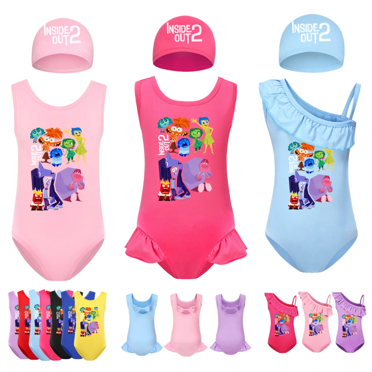 

New Inside Out 2 Swimsuit Kids One Piece Swimwear Baby Girls Summer Sleeveless Bikini Sets Children Cartoon Swiming+cap 2pcs Set