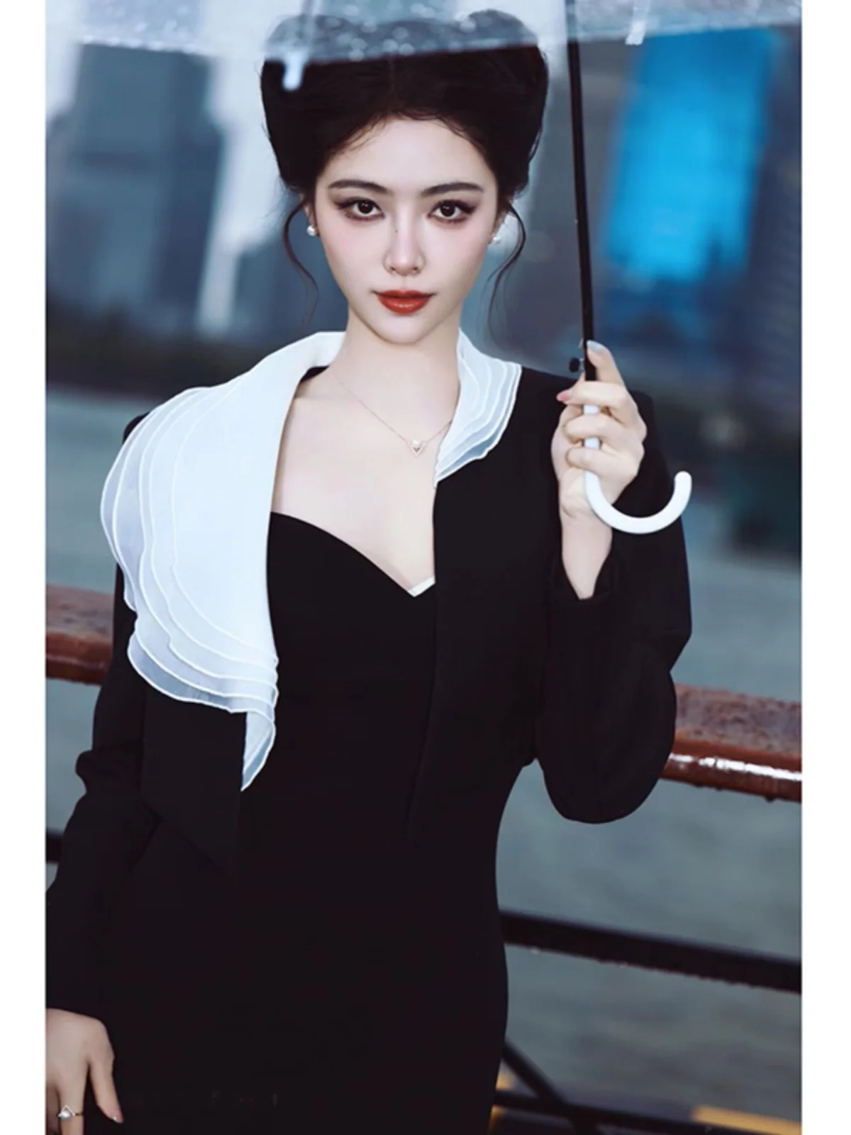 

Slimming Bla White Color Blo Design Collared Asymmetrical ort Suit Jaet Ele Busin Women's Faion Outerwear