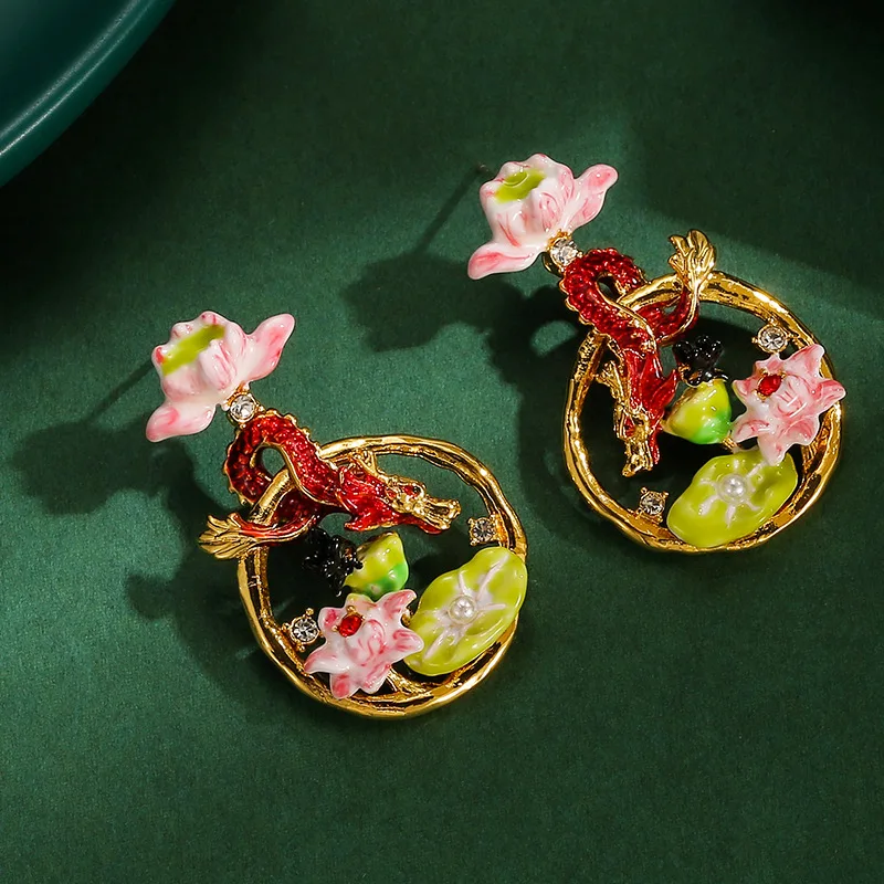 New Original Fashion Hand-painted Enamel Glaze Pink Lotus Leaf Butterfly Red Zodiac Dragon Earrings New Year Chinoiserie Jewelry