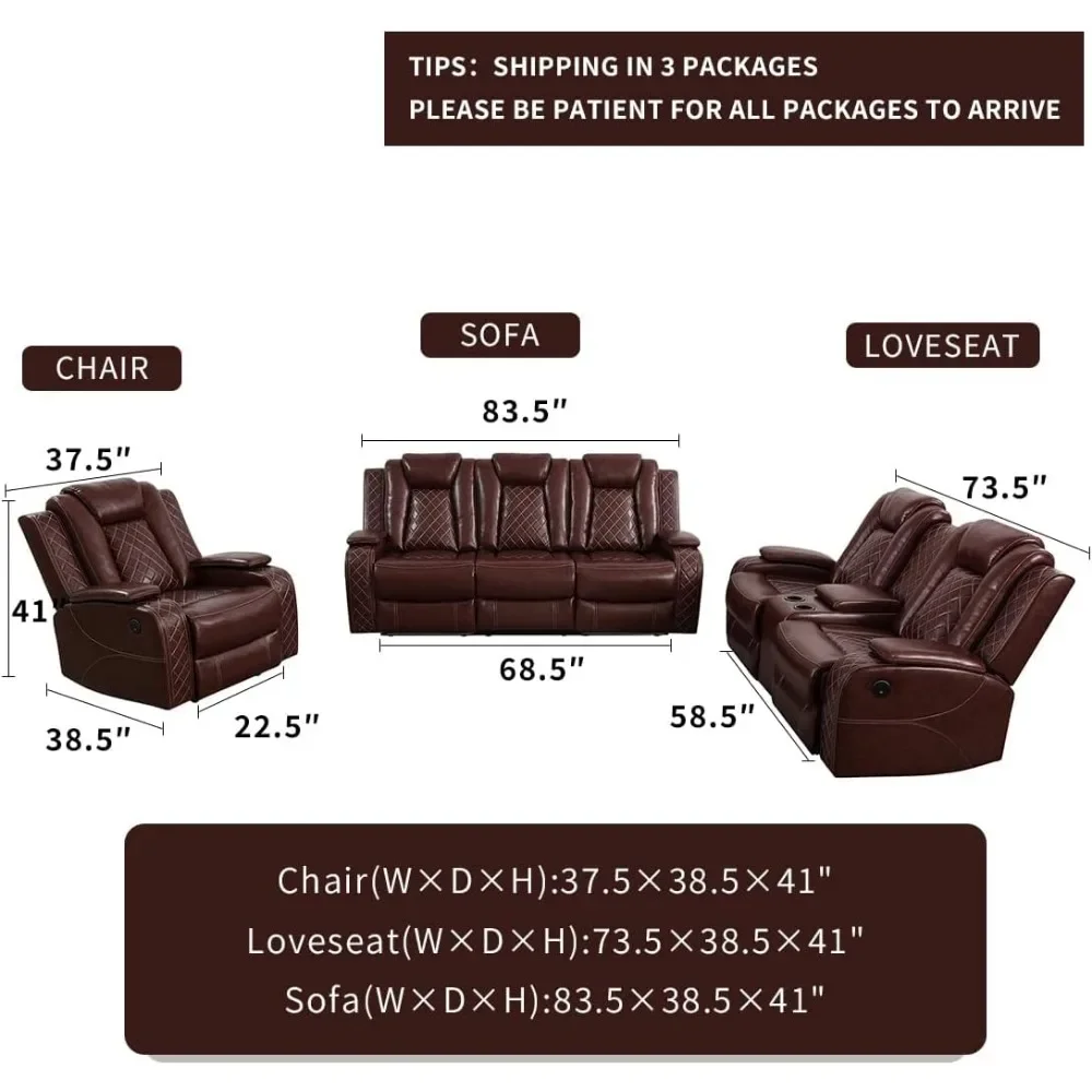 Living Room Set Breathing Leather Sofa Power Recliner Sofa, Cup Holders Storage Console LED Light Wireless Charger, recliner