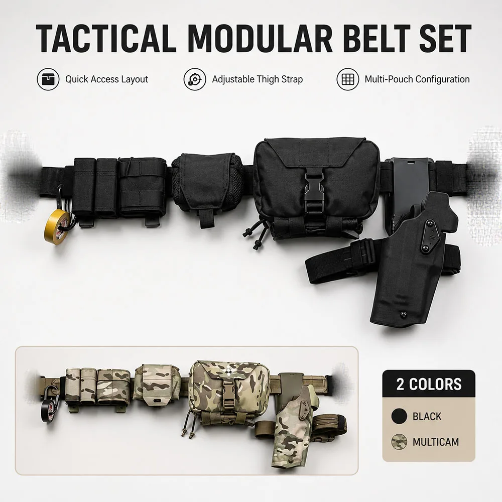 Tactical MOLLE Waist Belt Set Quick Release Combat Belt with Holster Magazine Pouches Leg Strap for Airsoft Hunting Shooting