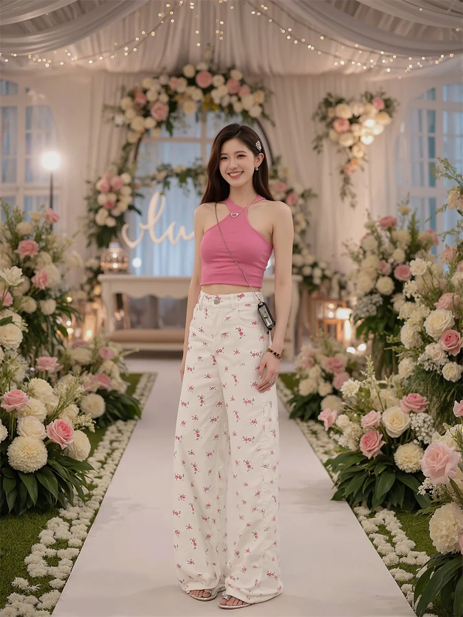 달콤한 꽃무늬 하이웨이스트 청바지 여성용 데님 팬츠 여름 나일론 테이퍼드 E-걸 비치웨어 휴가 리조트 BF