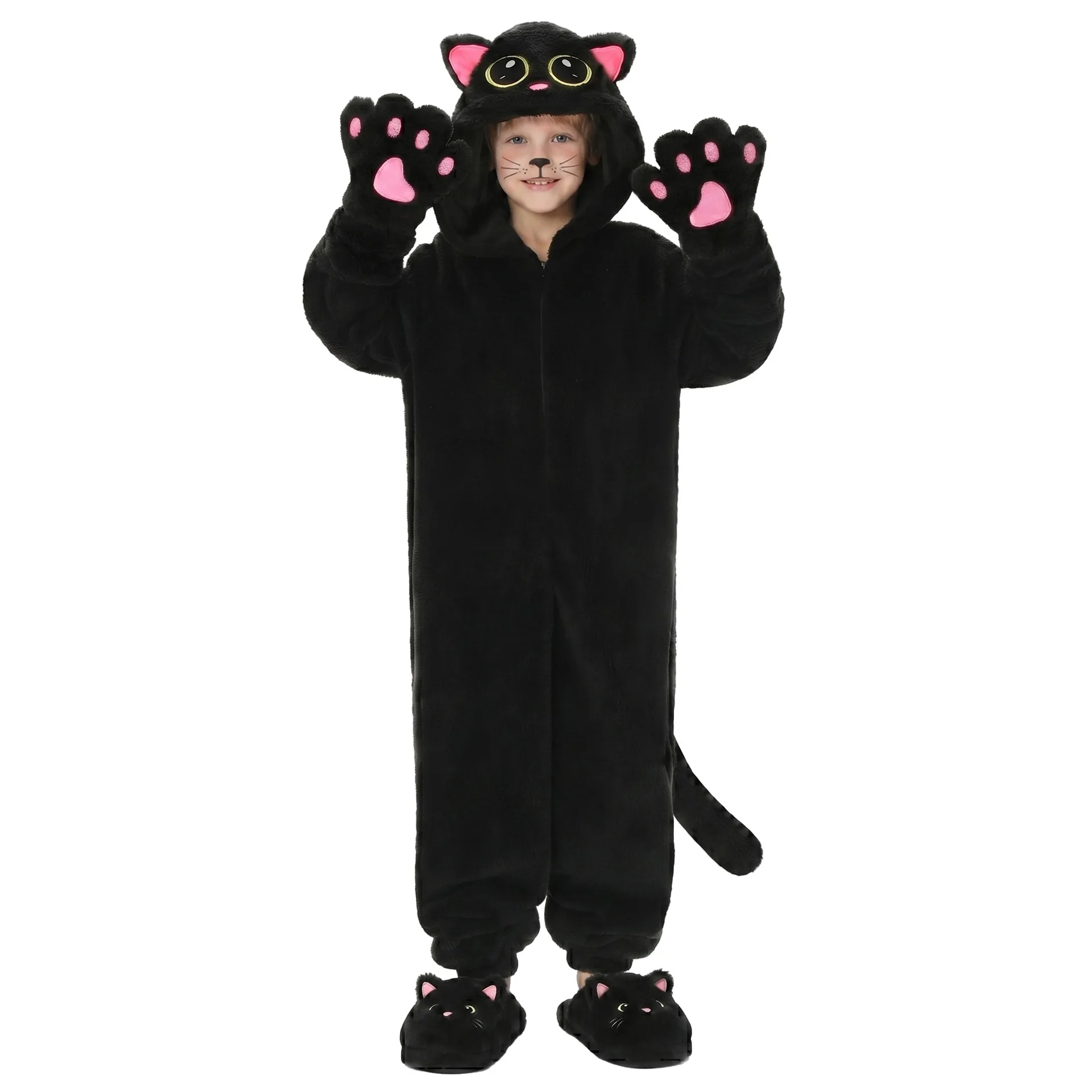Kindertag Schwarze Katze Kostüm für Kinder Halloween Kostüme Schwarze Katze Onesie Mädchen Jungen Unisex Verkleidung Tier-Jumpsuit 3-12 Jahre