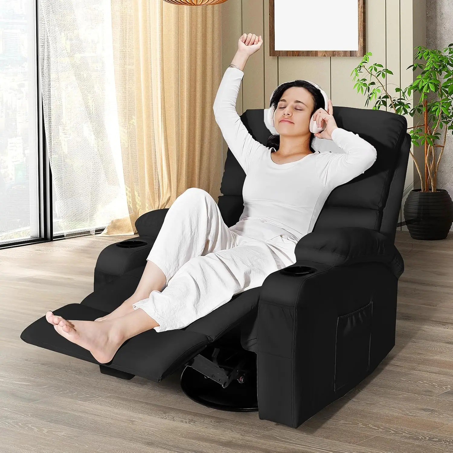 #Massage Rocker Recliner Vibration Heat 360° Swivel Faux Leather Living Room Bedroom Nursery RV Black Customized