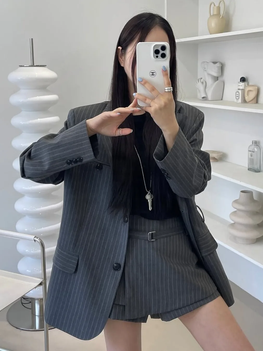 

Spring Autumn High Waist Stripe Suit Jaet Women's Faionable Versatile Skirt ort Skirt Korean Sle Regular Fit