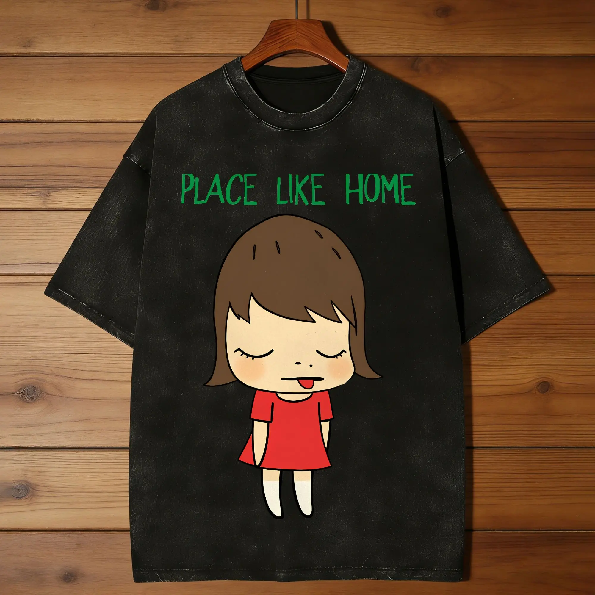 Novelty Yoshitomo Nara Place Like Home T-Shirt for Men O Neck Cotton Washed T Shirts  Short Sleeve Tees Summer Clothing