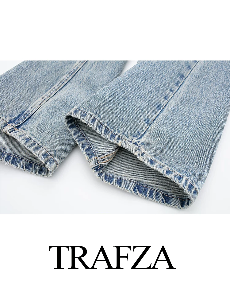 TRAFZA 2024 Fashion Women High Waist Blue Denim Trouser Patchwork Pants Distressed Ripped Jeans Long Pants High Street Y2k Style