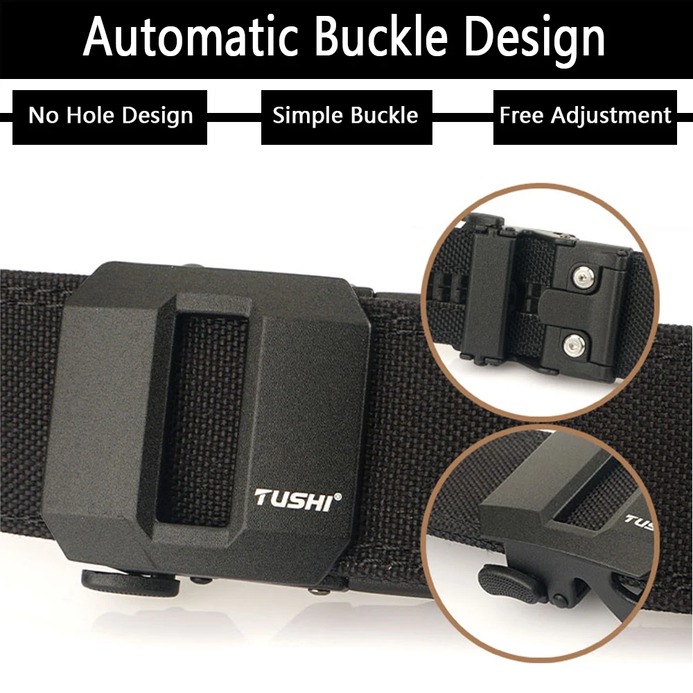 Tushi cinto tático duro para homens, fivela automática de metal, nylon grosso, cinto militar de polícia, cinto casual, cinto ipsc masculino