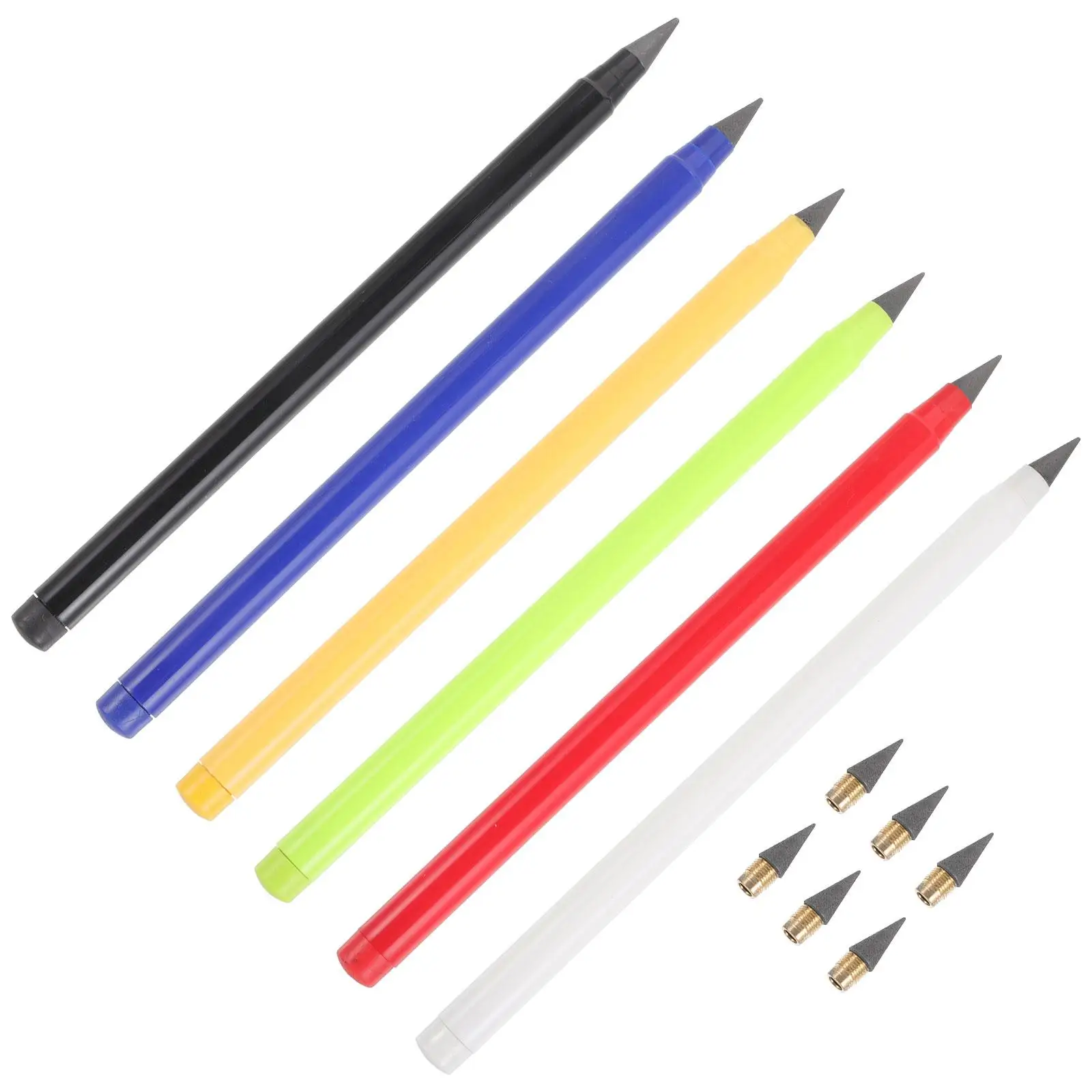 

6 Pcs Everlasting Metal Pencils Replaceable Graphite Tips Black White Blue Red Yellow Green No Sharpening Inkless Writing
