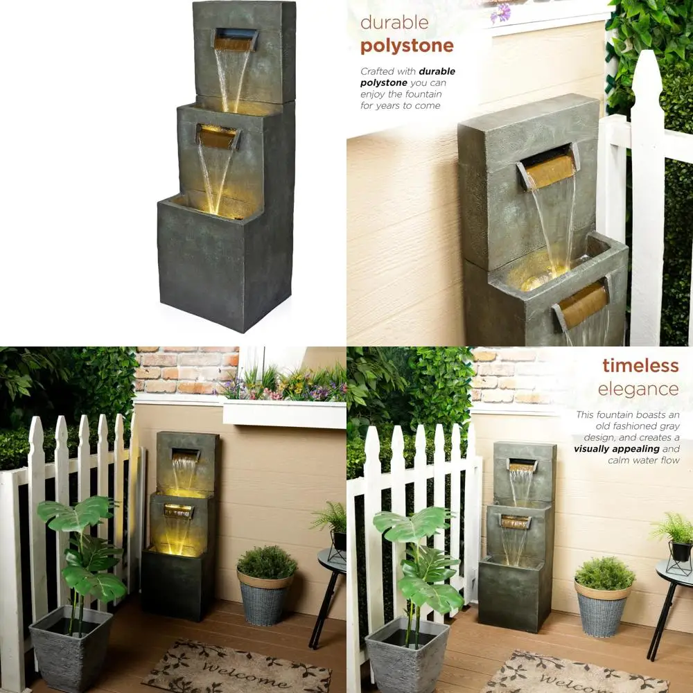 

Alpine Corporation TZL366 Двухъярусный современный напольный фонтан из полистона со светодиодной подсветкой теплого белого цвета, 40 ч, серый