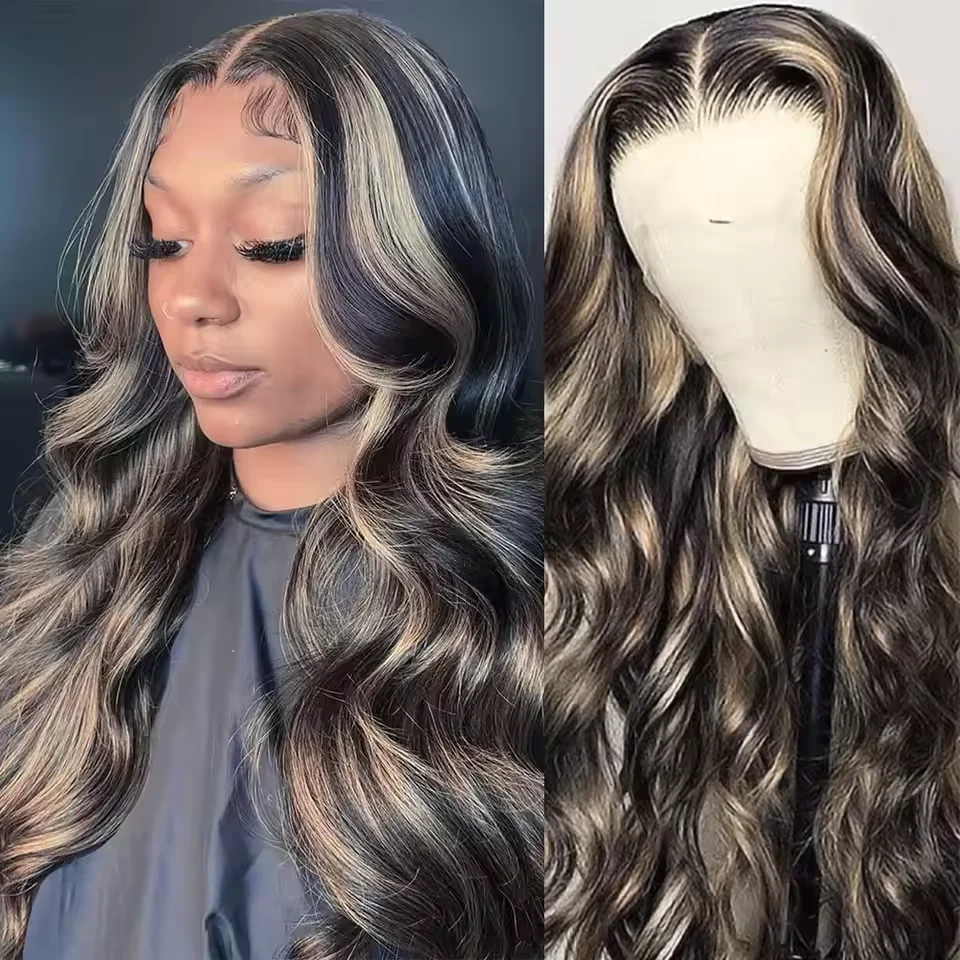 1B/27 Body Wave 13x4 Lace Frontal Highlight Wig Human Hair Brazilian 200 Density Ombre Blonde Colored Human Hair Wigs