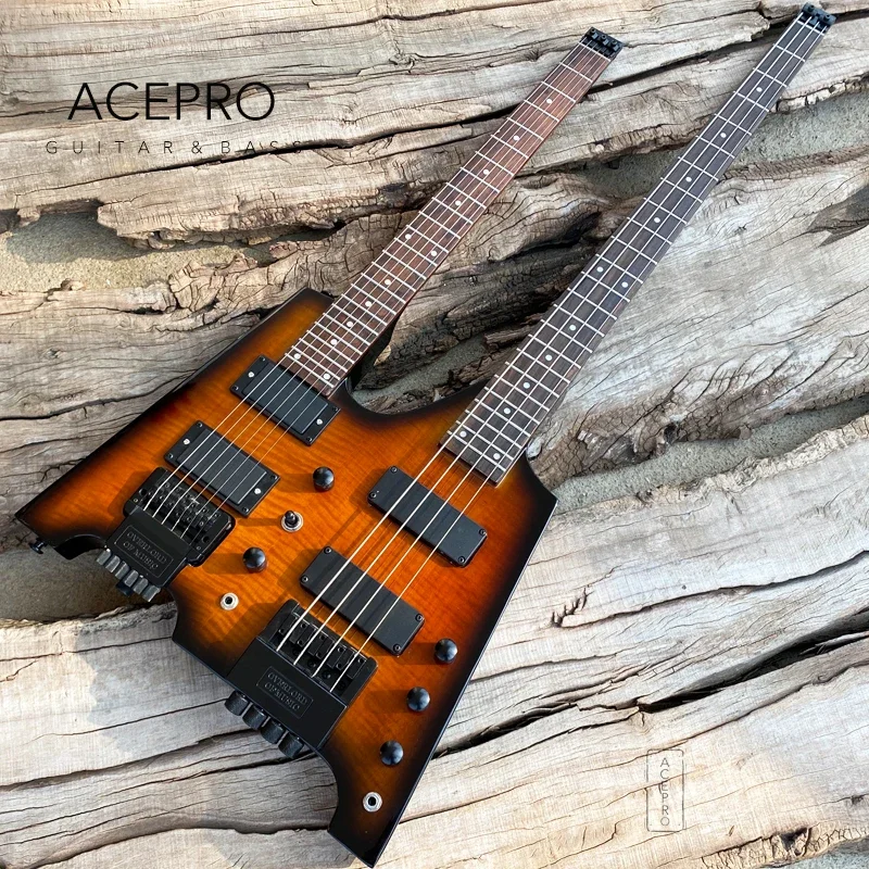 Double Neck Headless Electric Guitar Tobacco Burst Flame Maple Top Tremolo Bridge 6 String Guitar + 4 String Bass Combo Guitarra