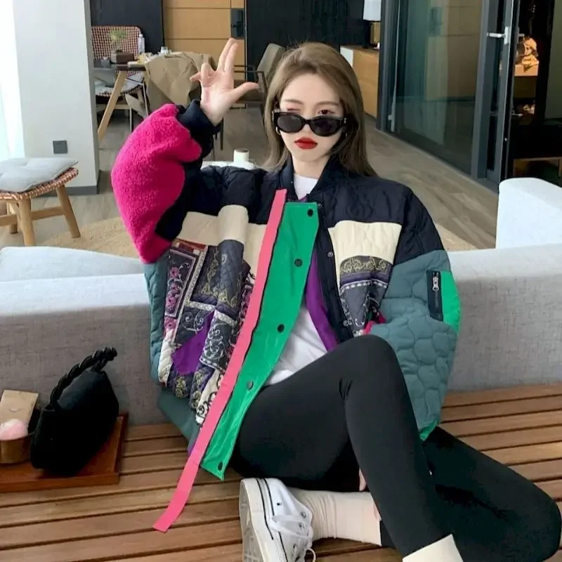 

Splice Color Contrast Jackets Women Fashion Baseball Jacket Lamb Wool Loose Parkas Winter Trendy Cotton Coat Design Sense Coats