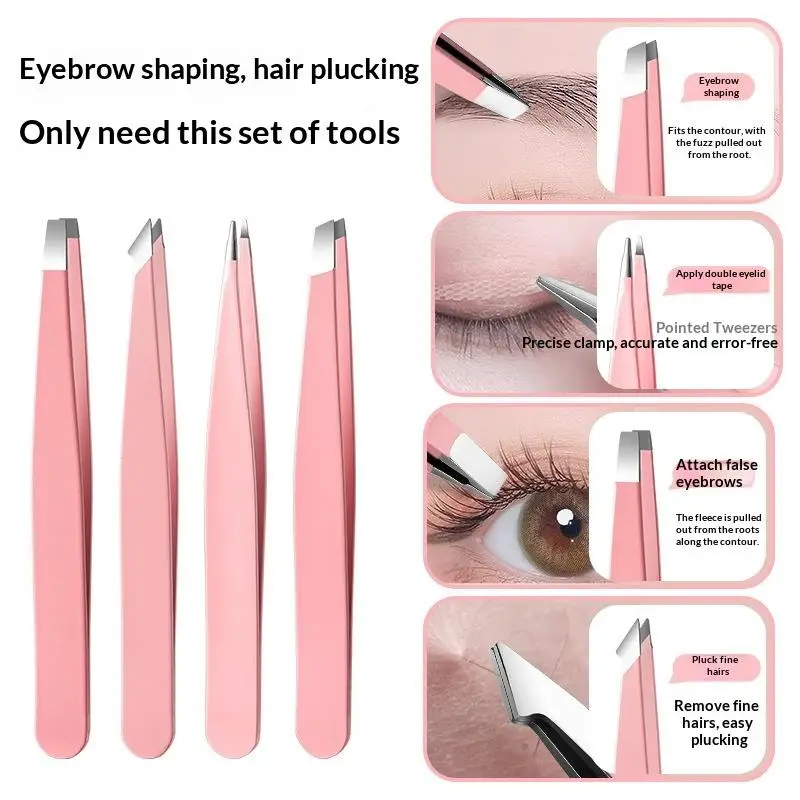 4 Piece Stainless Steel Tweezers Set with Storage Case for Eyebrow Hair Removal Beard Plucking