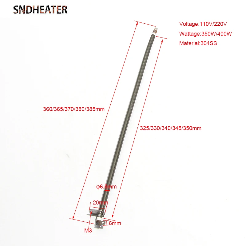 Sndheat-عنصر سخان الفرن الكهربائي ، 304SS أنبوب ، 6.6 مللي متر x 360 مللي متر ، 365 مللي متر ، 370 مللي متر ، 380 مللي متر ، 385 مللي متر ، 6 مللي متر ورقة مستديرة واسعة ، 350 واط ، 110 فولت ، 220 فولت ، 2 قطعة