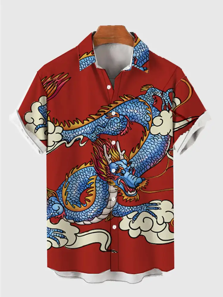 Men\'s Chinese Dragon Printed Shirt Hawaiian Casual Shirts Men\'s Chinese Style Trendy Shirt Summer Fashion Short Sleeved Shirts