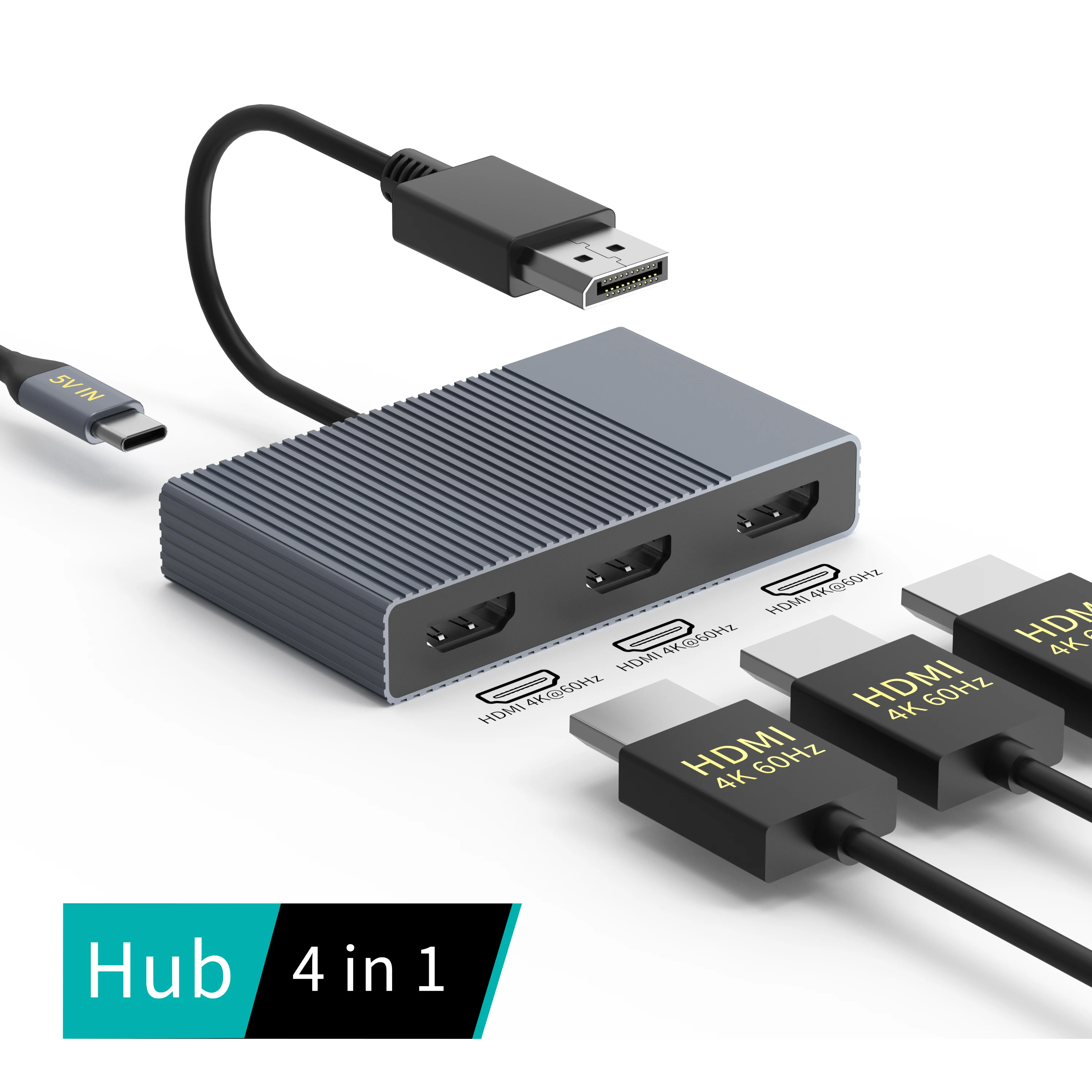 DP to Triple HDMI Adapter | DisplayPort to 3 HDTV Splitter 4K 60Hz | USB-C 5V2A Power Input | Multi Monitor Converter