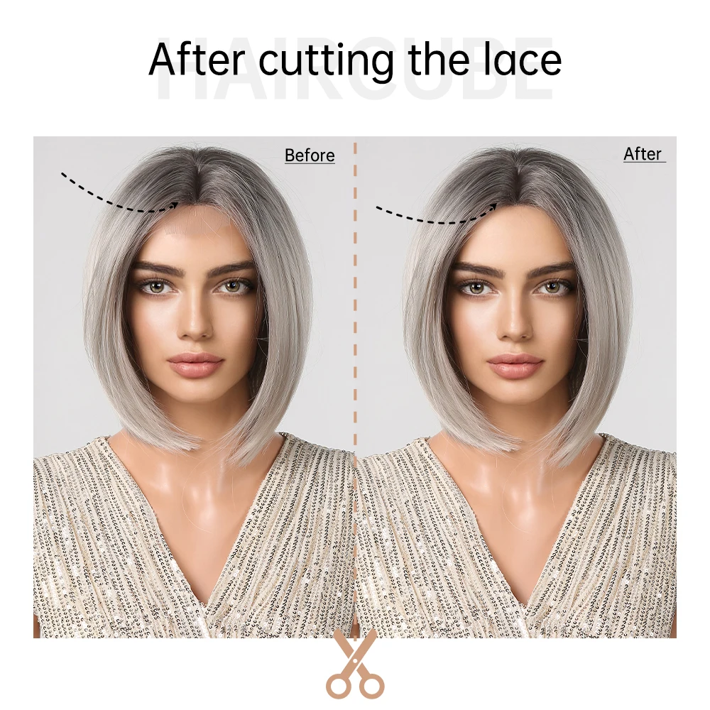 EASIHAIR Synthetic Hairline Lace Wigs Silver Gray Blonde Short Bob Wigs Middle Part Lace Hairline Wig for Daily Heat Resistant