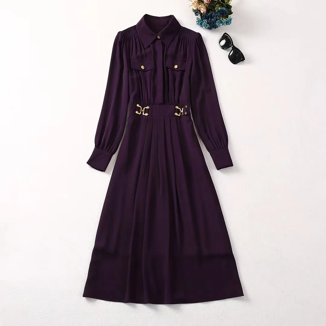 

Europe and the United States women's 2024 winter new Long sleeve lapel chain fashion Purple pleated dress XXL