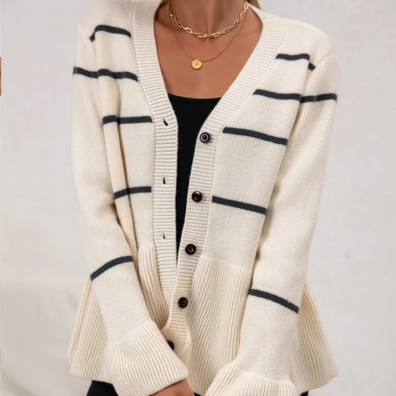 Pull à manches longues en tricot ample et rayé, col en v, Cardigan européen et américain, vêtements pour femmes, nouvelle collection automne/hiver