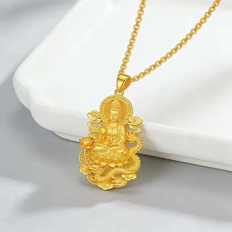 Gold Plated Guanyin Pendant Necklace With Carved Dragon And Lotus Patterns For Daily Wear And Gifting Collection